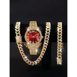 Hi-hop U-shaped 13mm full diamond Cuban chain necklace bracelet watch set, stylish luxury men's accessories, fashion jewelry set