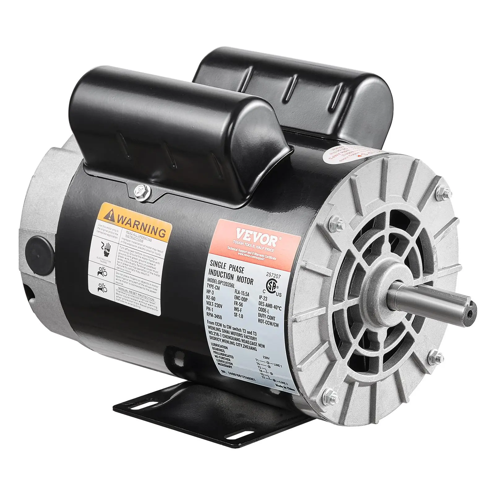【toolupgrade】VEVOR Heavy Duty Reversible CW/CCW Metal Open Drip-Proof Electric Air Compressor Motor, 3HP, 230V 15.5A, 56 Frame 3450RPM, 5/8" Keyed Shaft, 1.88" Shaft Length, Single Phase, for Dry Environments