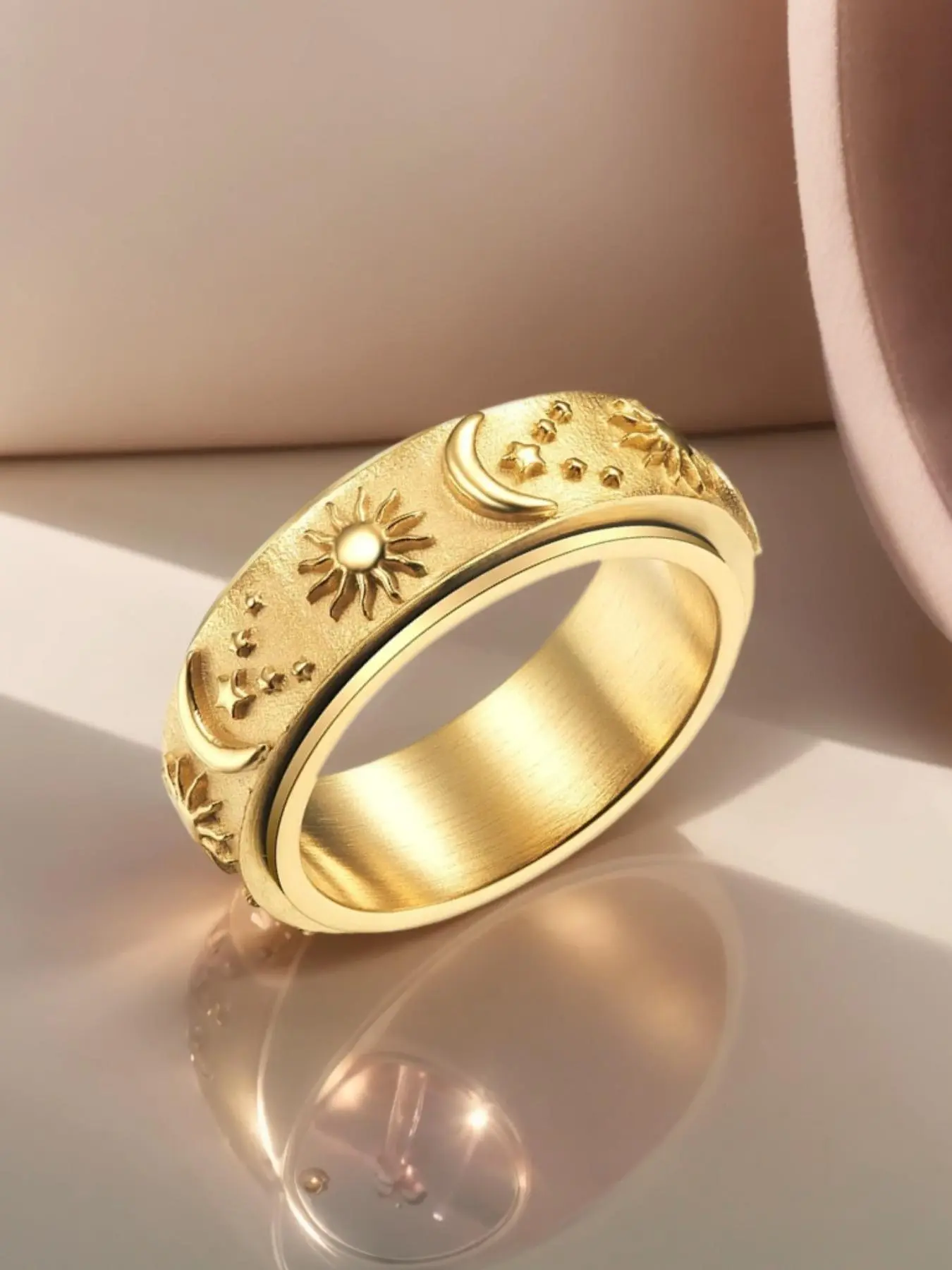 Sun & Moon & Star Geometric Design Ring, Rotating Fidget Ring for Anxiety, Anti Anxiety Jewelry, Stainless Steel Ring for Men & Women, Fashion Jewelry Accessories for Daily Wear