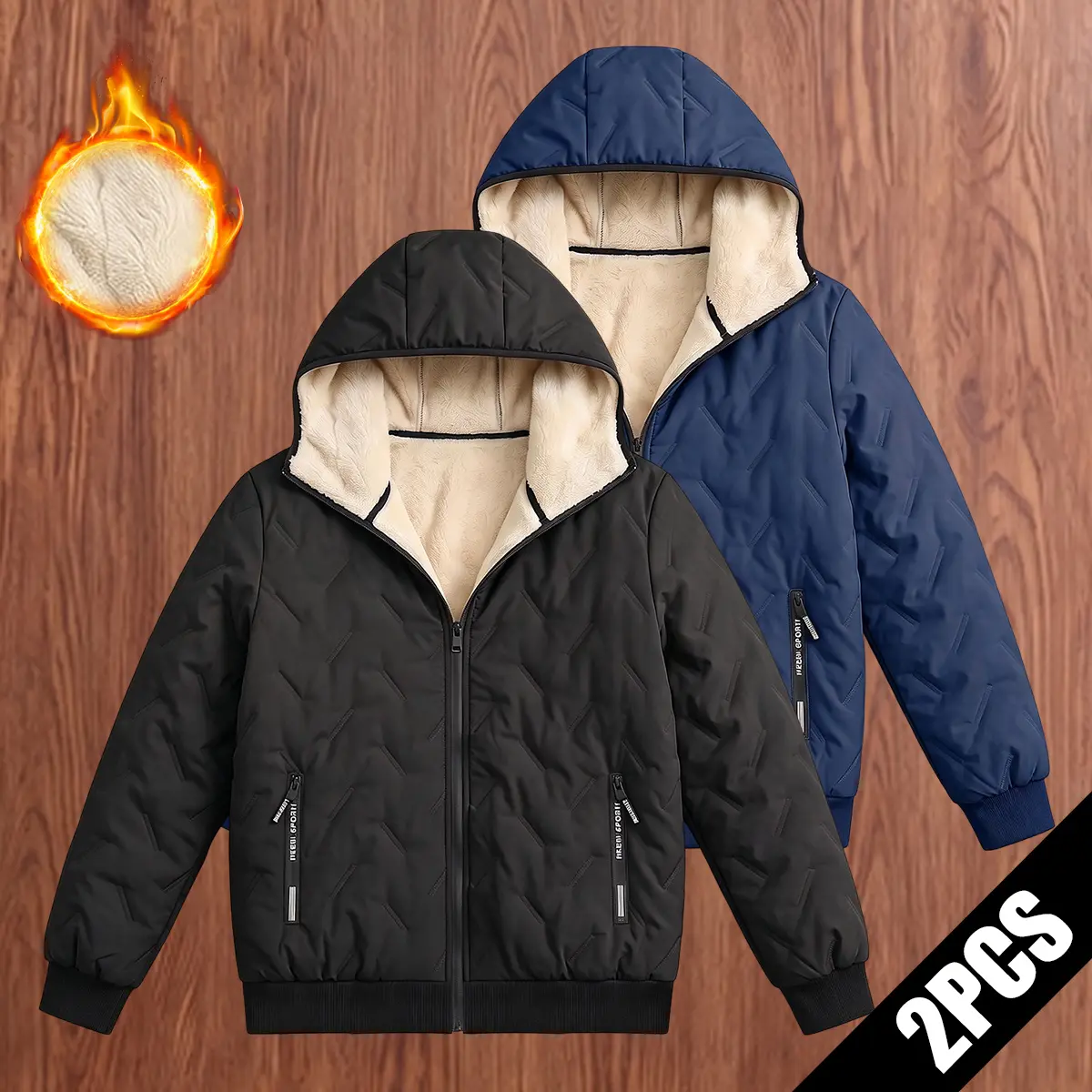 JOGWAVE 2PCS Men’s Casual Polyester Winter Sportswear Jacket - Hooded, Windproof, Waterproof, Heavy-Duty Outdoor Insulated Padded Jacket with Secure Zipper Pockets, High-Performance Stretch, Fleece Lining, Lightweight Geometric-Textured Technical Apparel