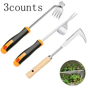 Manual Weeder, 3 Counts Thickened Stainless Steel Weed Puller Tool with Rubber Bristled Concave Wood Handle, L-shaped Weeding Tool for Gardens, Tents, Patios, Driveways, Tool Kit, Portable Soil Tester, Soil Test Meter, Heavy Duty