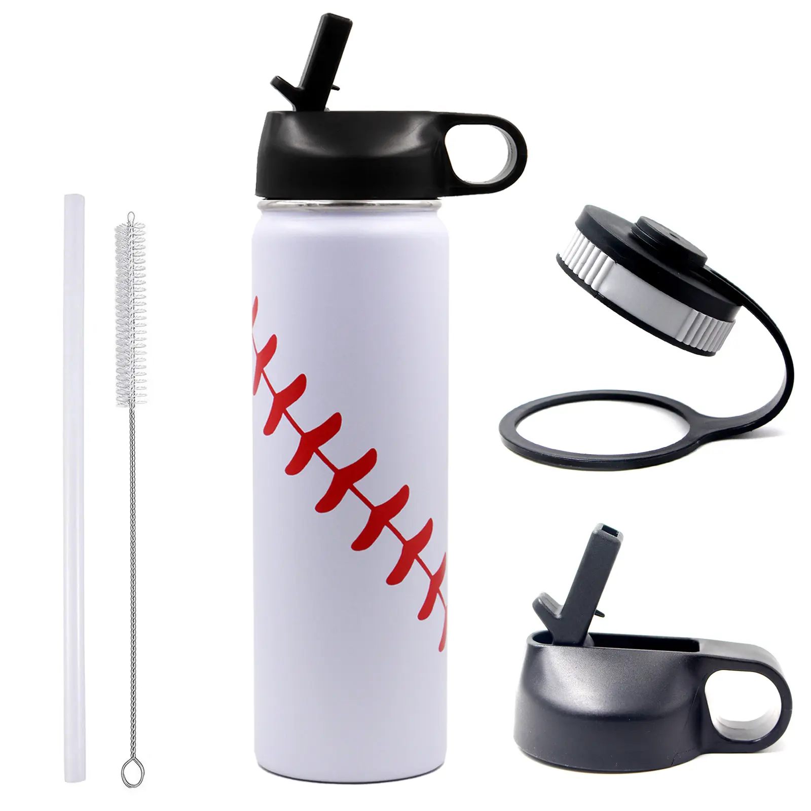 FMYWZS 22 oz Baseball Water Bottle, Stainless Steel Vacuum Insulated Water Bottle with Straw and 2 Lids, Double Wall Leakproof Sports Flask, Baseball Gifts for Boys, Kids, Coach, Players