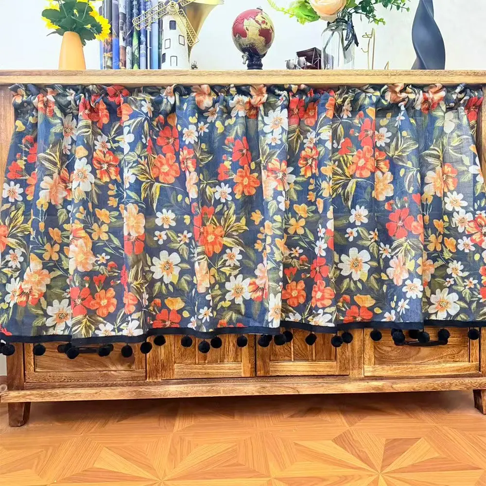 Oil Painting Style Large Flower Cabinet Curtain No Drilling Required, American Vintage Cotton Linen Dustproof Curtain, Faux Fur Fringe Covering, Easy Install Curtain, Home Decorative Curtain