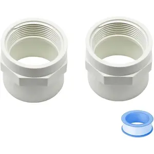 2 count 1-1/2 Inch Female Thread White PVC Fittings 2-Way PVC Pipe Coupling Adapter Connectors with 1.5" Female Thread Schedule 40 HE061-1-1/2