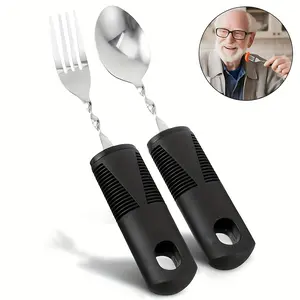 Adaptive Utensils Set for Hand Tremors, Weighted Silver Color Cutlery, Easy Grip Stainless Steel Spoon & Fork for Shaky Hands