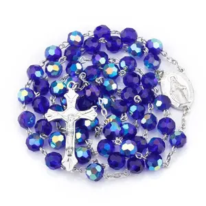 Dark Blue Glass Crystal Catholic Rosary Necklace Virgin Christ Cross Rosary Necklace