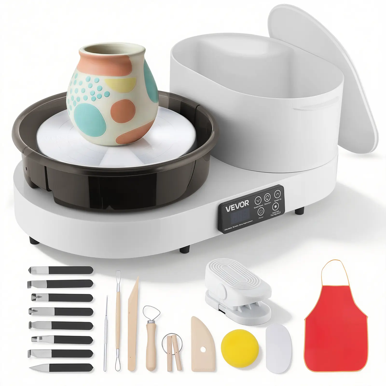 VEVOR Tabletop Electric Pottery Wheel for Beginners & Couples, 11" Aluminum Turntable, 450W with Foot Pedal, 30-300 RPM Adjustable Speed, Aluminum Body, Clay Craft Tools & Apron for Friends, White