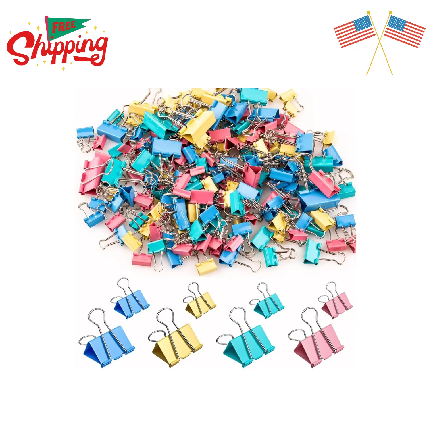200 Count Colored Binder Clips Assorted Sizes, Large, Medium, Small, Mini, Metal Paper Clamps(1 1/4", 1", 3/4", 1/2 Inch)