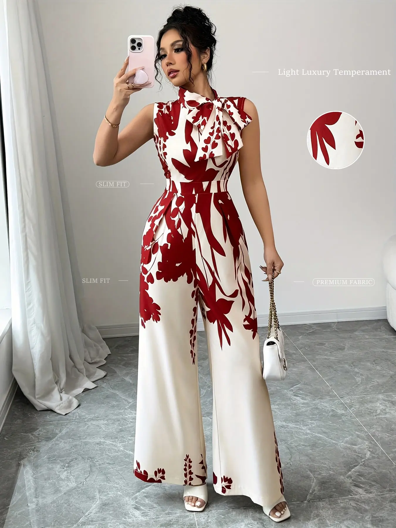 Ladies' Floral printed jumpsuit with stand up bow details, sleeveless wide leg jumpsuit, cinched waist, High waist, Fit, Chinese style printed design, Elegant, Chic, suitable for spring, summer/dating/commuting/vacation/light formal occasio