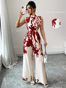 Ladies' printed jumpsuit with stand up bow details, sleeveless wide leg jumpsuit, cinched waist, High waist, Chinese style printed design, Elegant, suitable for spring, summer/dating/commuting/vacation/light formal occasio