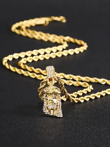 Jesus Head Pendant Necklace, Rhinestone Decor Cuban Link Chain Necklace, Fashion Jewelry for Party, Daily Clothing Decor, Trendy All-match & Exquisite Jewelry for Birthday Gift