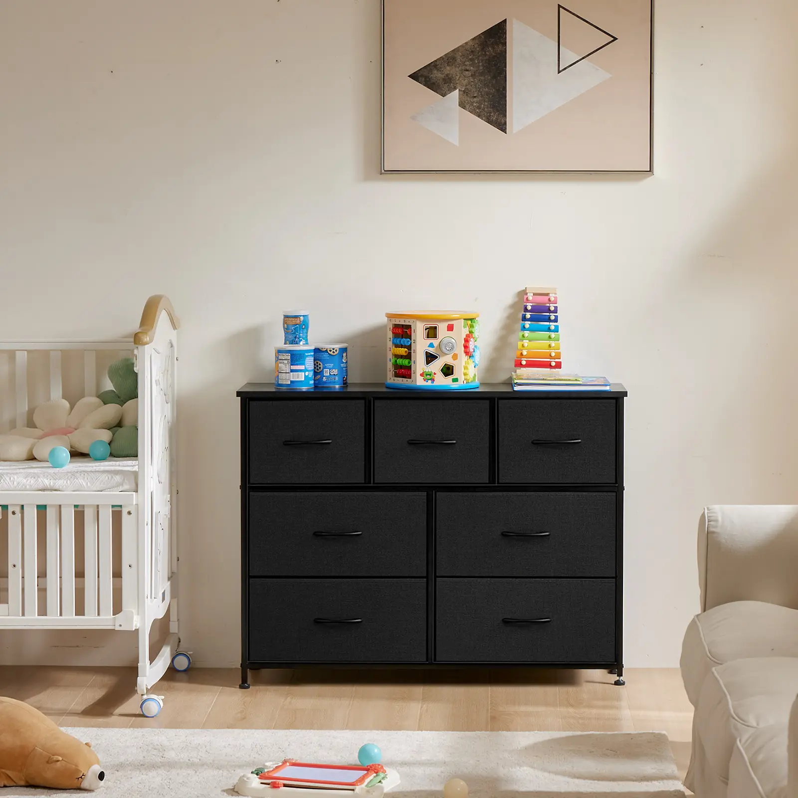 Black Dresser with 7 Drawers, Fabric Storage Tower with Sturdy Steel Frame & Wood Top, Easy Pull Handles – 4 Colors Available, Ideal for Bedroom, Hallway, Entryway, or Closet Organization