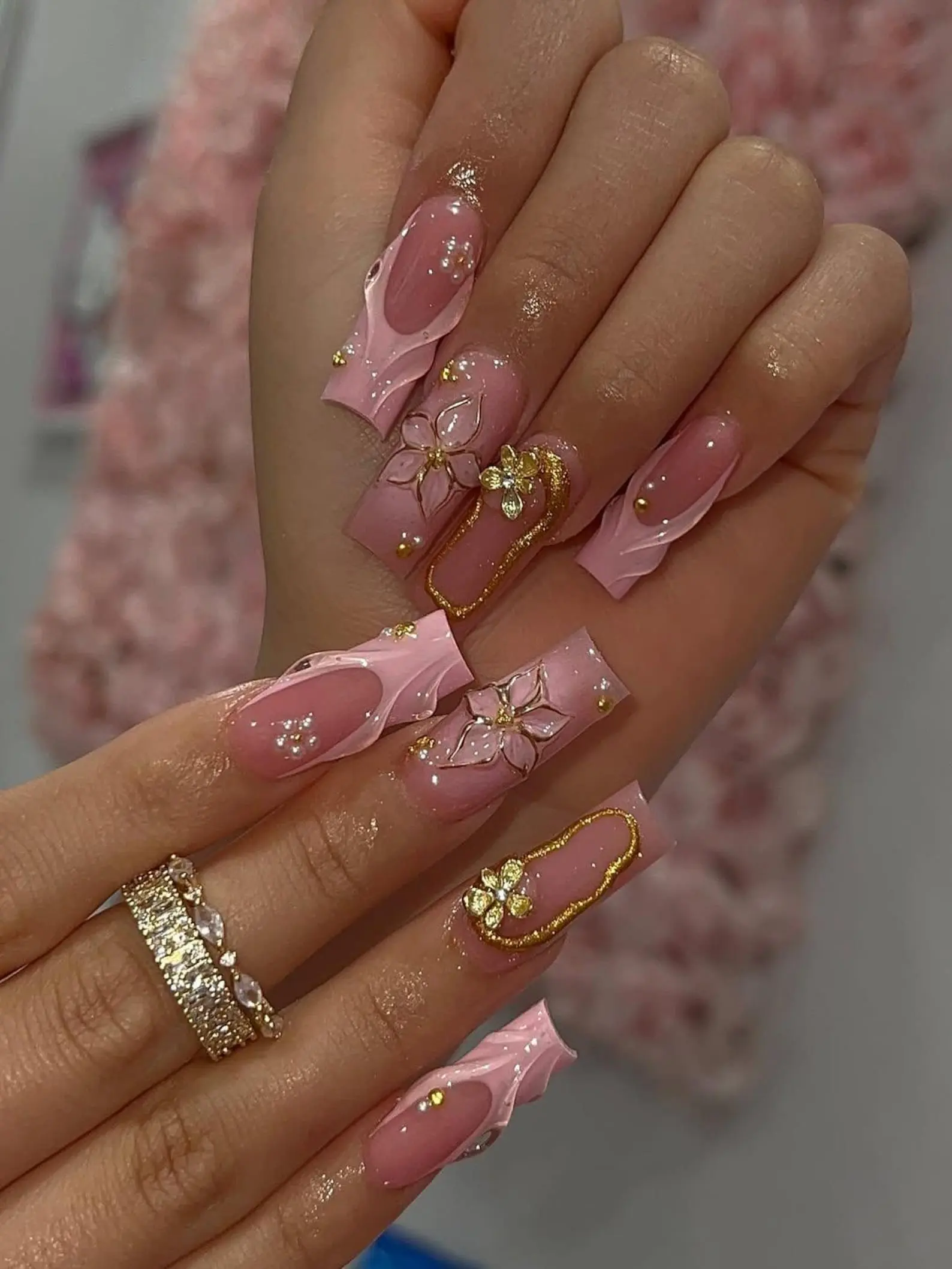 Pink 3D Floral Press On Nails, Pastel Charm Gold Flower Nails, Elegant Girly Long Coffin Nails, Glossy Pink Barbiecore Nails