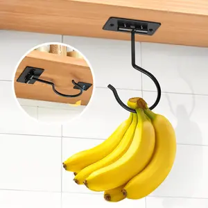 Self Adhesive Foldable Under Cabinet Banana Hook, Black Metal Under Counter Banana Hanger to Keep Bananas Fresh, Space-Saving Banana Holder for Kitchen & RV Use
