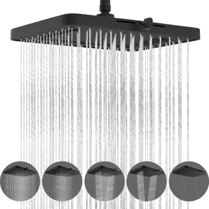 Hibbent cUPC Certified 5-In-1 Fixed Shower Head with Filter, 13-in High-Pressure Large Rainfall Waterfall Showerhead, Adjustable Swivel Ball Joint, Matte Black High-Pressure Bathroom Fixture, Shower Head Filter, 5-In-1 Fixed Showerheads