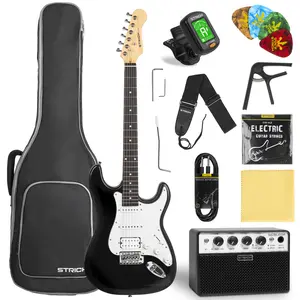 STRICH 39" Electric Guitar Beginner Kit, HSS Pickup, 10W Amp, Bag, Tuner, Capo, Strap, Strings, Cable, Picks, SST-S20 Black Accessory