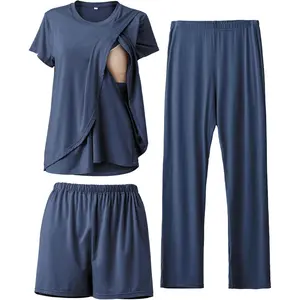 3-Piece Casual Soft Maternity Nursing Pajamas Set, Postpartum Breastfeeding Pjs, Maternity Outfits, Postpartum Outfit, Sleepwear Loungewear Layered Clothing, Maternity Nursing Tops, Nursing Apparel