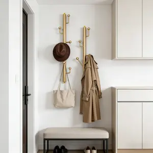 6 Hook Modern Gold Tone Metal Wall Mounted Organizer Coat & Hat Hanger Tree, Decorative Branch Style Vertical Garment Rack for Entryway Decoration, Ideal Hanging Storage Hooks for Umbrellas, Scarves, Purses & Accessories