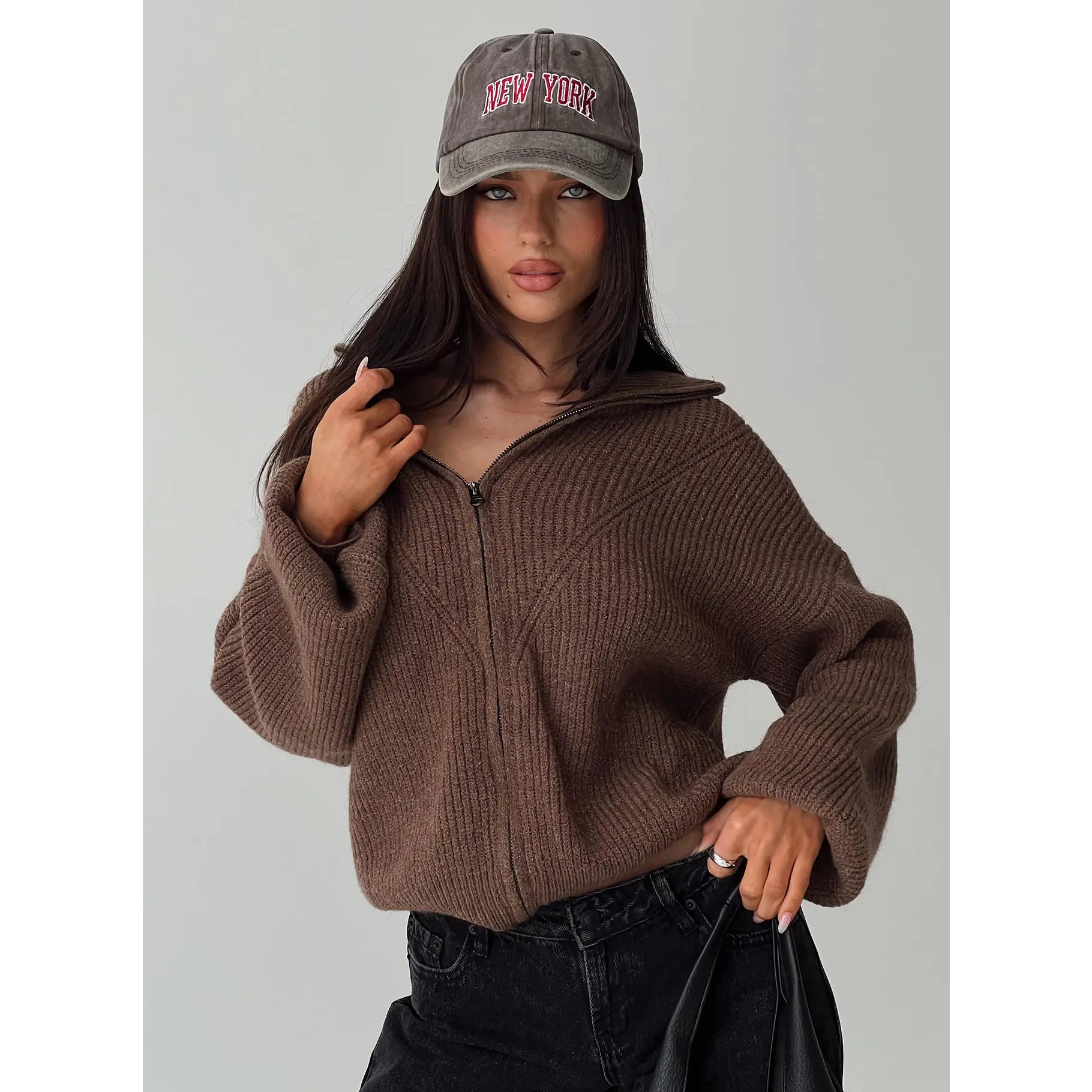 Hertford Zip Through Knit Sweater Brown