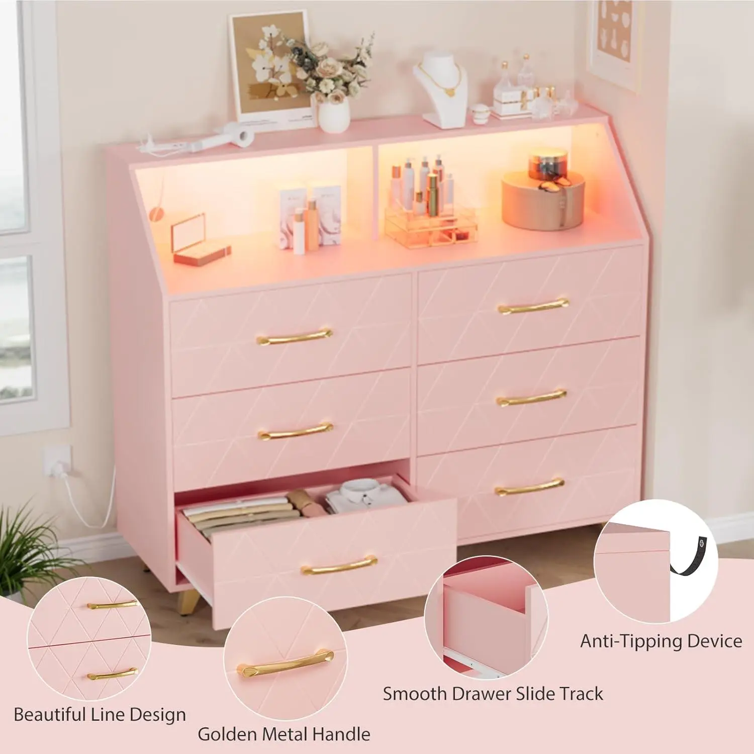Gaomon 47-Inch Lighted 6-Drawer Dresser with Charging Station, Contemporary Geometric Design, Gold Handles & Sturdy Legs, Spacious Bedroom Storage Chest, LED Accent, USB/AC Charging Ports, Vacuum Formed, Pink, Contemporary Home Decor
