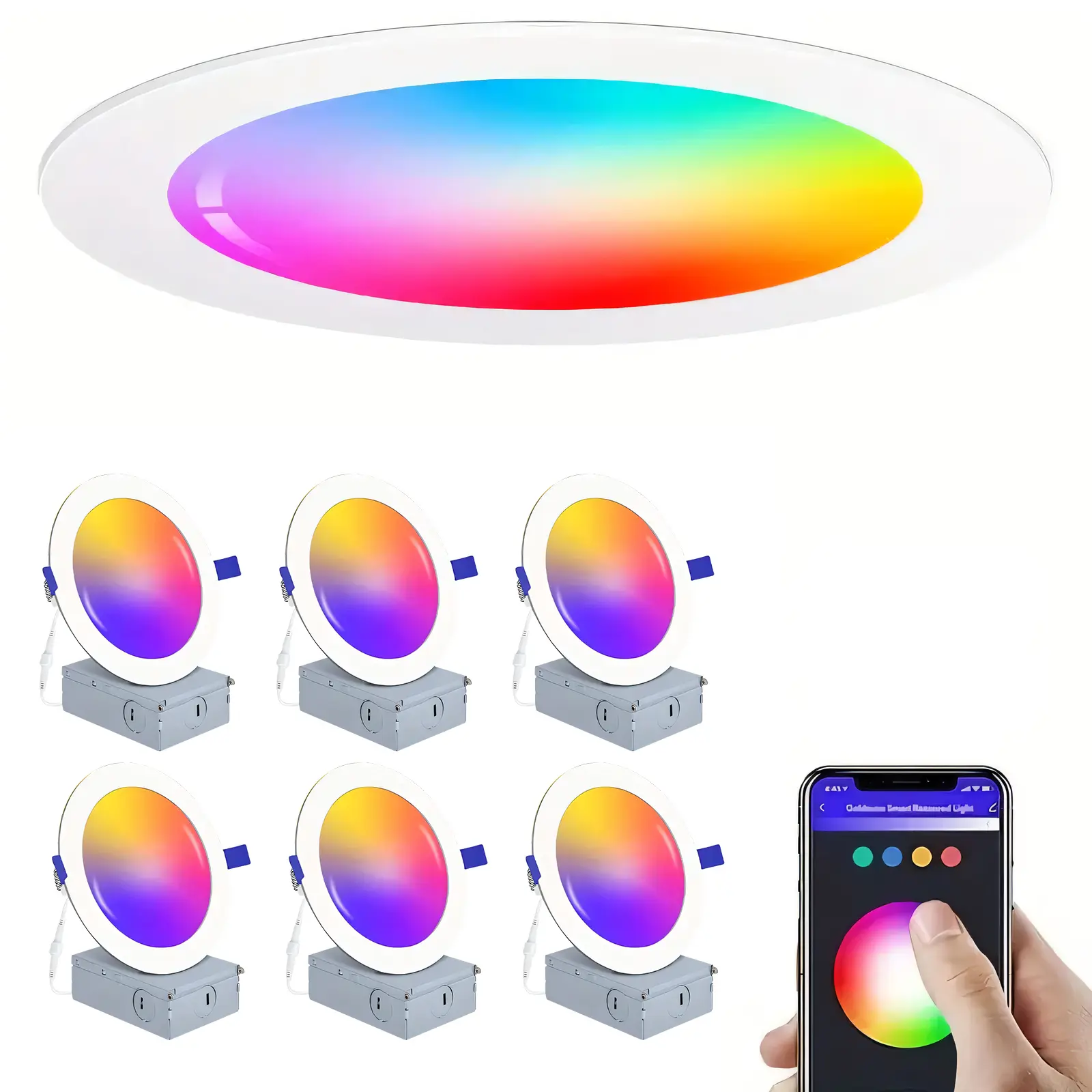 6 Inch RGB Smart Recessed Ceiling Lights, 18W 1050LM Dimmable LED Downlights, APP-Controlled Color Changing (2700K-6500K, 16M Colors), Music Sync, DIY Scenes, Timer for Home Improvement Indoor Lighting