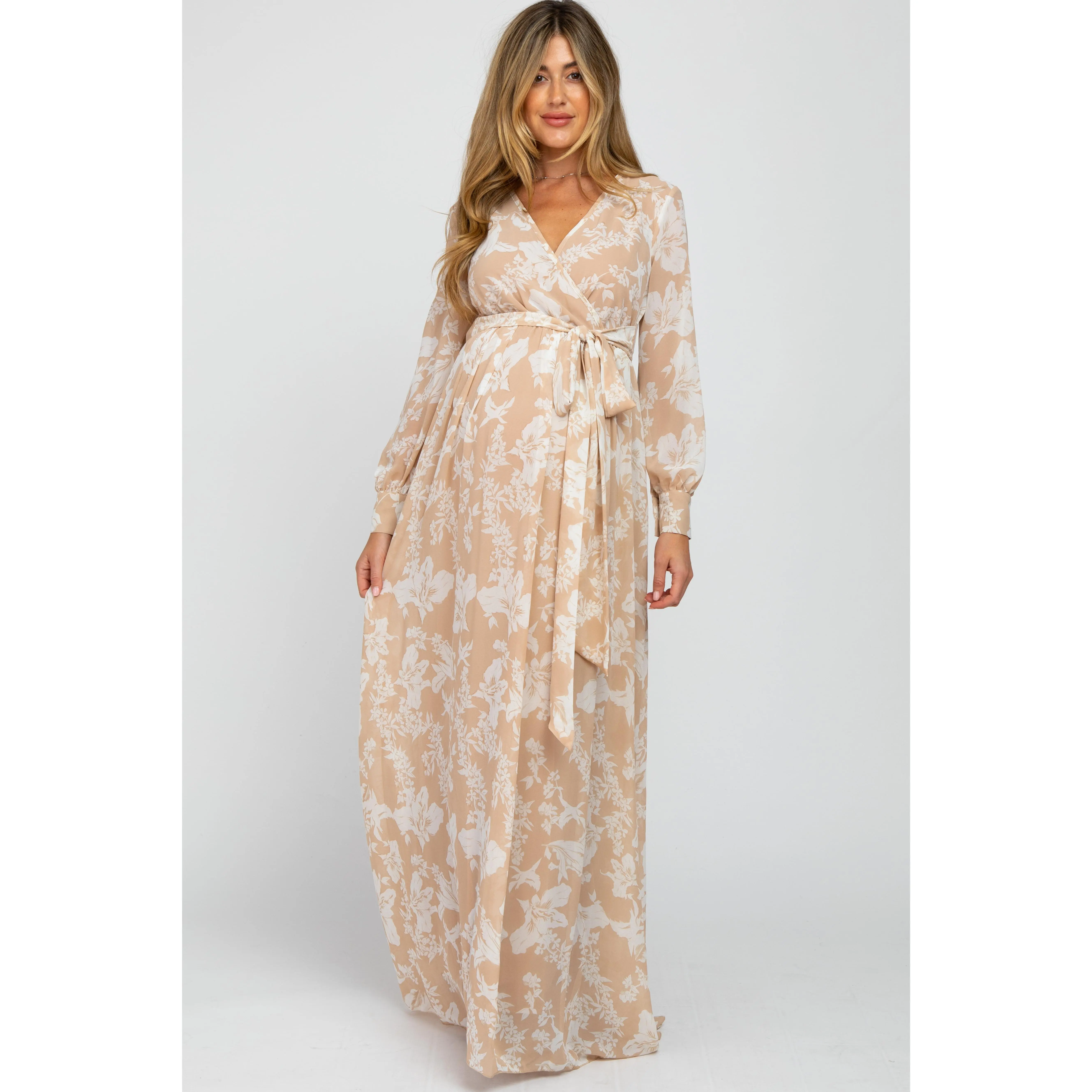 Taupe Floral Chiffon Maternity Maxi Dress