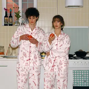 Couple Satin Pajamas Set, Matching Valentine Heart Print PJs for Couples, Cute Love Pattern Sleepwear, Long Sleeve Cozy Loungewear Set for Him & Her, Romantic Gift Nightwear