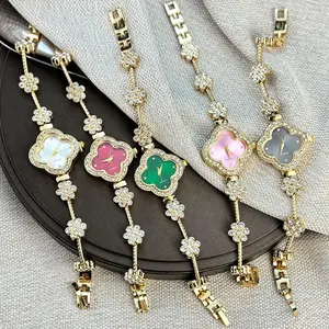 Women's Clover Watch Bracelet, Floral Rhinestone Crystal Colorful Wristwatch, Fashion Lucky Charm Gift for Her jam  tangan  wani