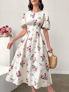 Women's Floral Print Puff Sleeve Dress, Elegant Short Sleeve A Line Dress for Party Holiday Wedding Guest, Ladies Clothes for All Seasons, Womenswear, Shortsleeve, Formal Dresses Women, Wedding Gown