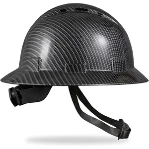 Full Brim Carbon Fiber Safety Hard Hat with 6-Point Ratchet Suspension, Chin Strap, Lightweight ABS Construction, Airflow Design for Industrial Work Maximum Protection & Coverage