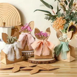 12-Piece Boho Bow Easter Bunny Party Gift Bags, DIY Rabbit Box with Neutral Ribbon & Dried Flowers, Country Style Paper Ears Candy Bag, Party Favor