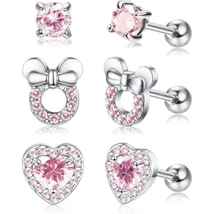 Milacolato 3Pairs Stud Earrings for Women Cubic Zirconia Heart Mouse Stud Earrings Hypoallergenic 18G Cartilage Tragus Helix Screwback Stud Earrings Set