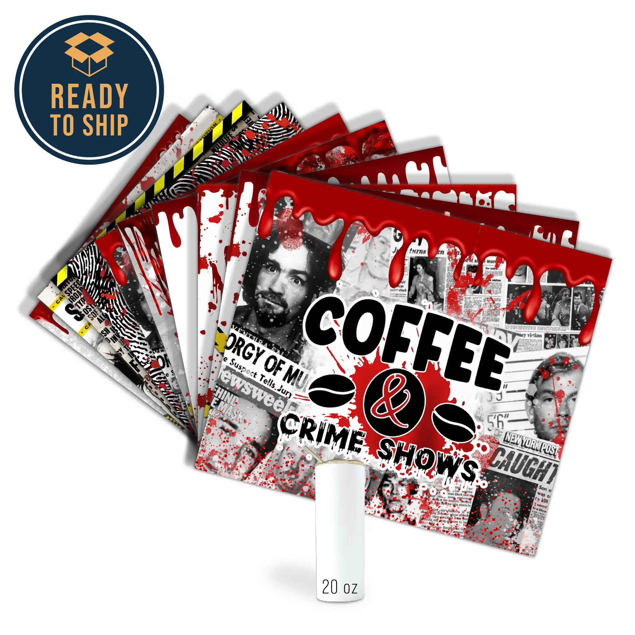 Assorted Ready to Press Sublimation Prints for 20oz Straight Skinny Tumblers (10 Pack) - True Crime Assorted Ready to Press Sublimation Prints for 20oz Straight Skinny Tumblers (10 Pack) - True Crime