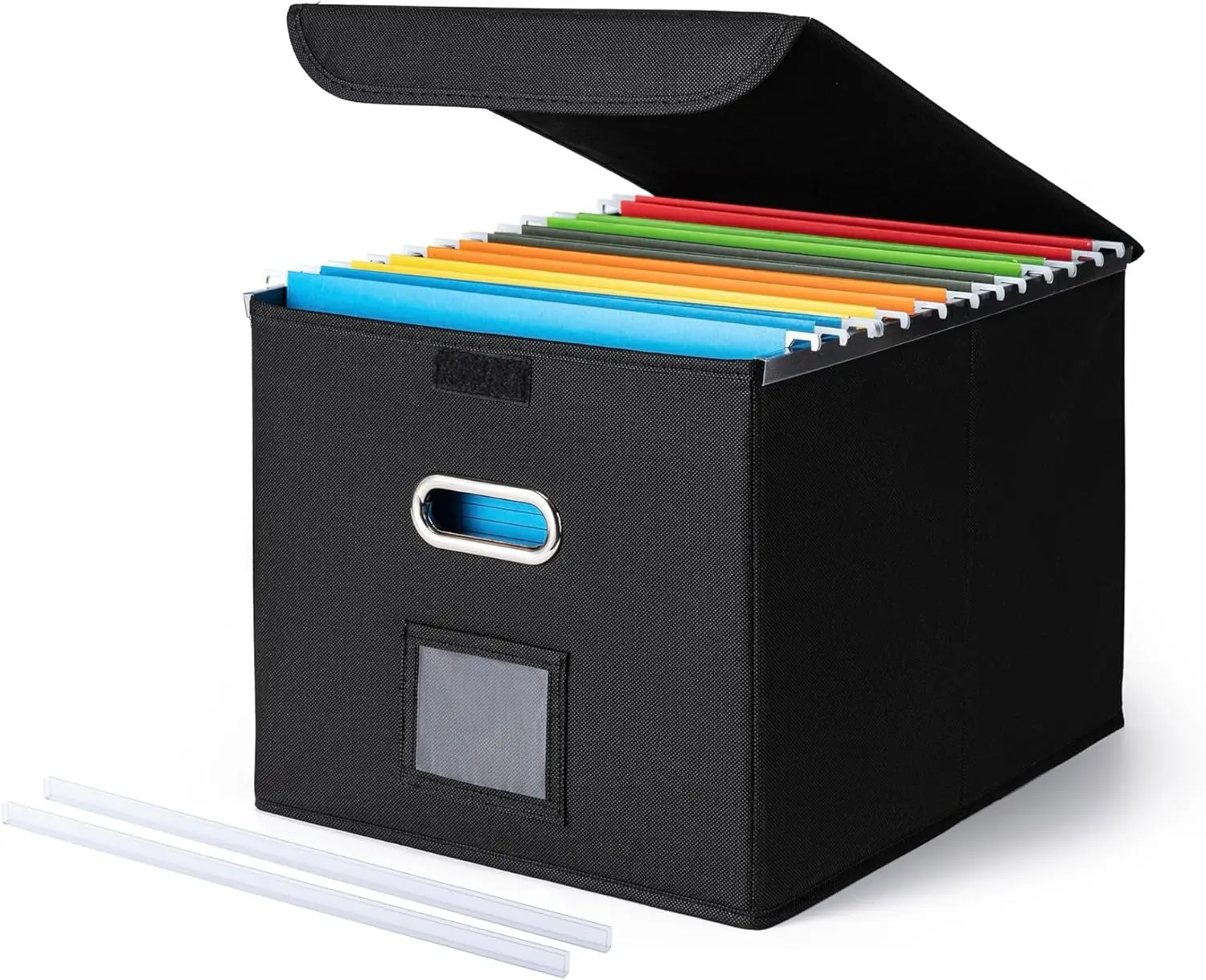 File Organizer Box with Lid Collapsible Hanging File Folder Storage Box with Plastic Rails, Portable Filing Organizer for Letter Size Documents, Office, Home, Desktop & Paperwork Storage, Black