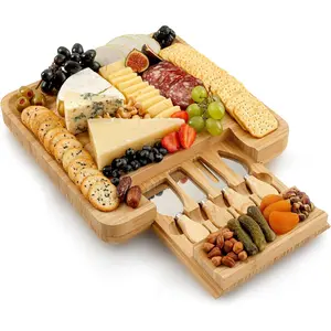 Premium Bamboo Wood Cheese Board Charcuterie Platter with Serving Utensils Cutlery Stainless Steel Tableware
