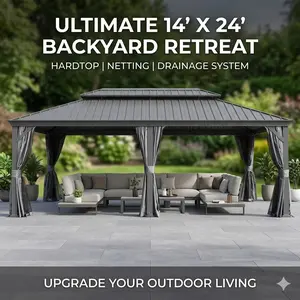 14x24 Hardtop Gazebo Metal Gazebo Drainage System Dual Layer Galvanized Steel Roof with Curtain and Netting Outdoor Shelter for Patio Garden Backyard Modern Patio Decor Ideas Backyard Makeover Home Improvement Grey Finish