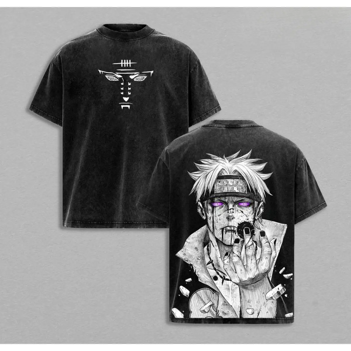 Naruto Pain Rinnegan T-Shirt, Leader Anime Graphic Tee, Japanese Streetwear Oversized Wash Shirt, Nagato Six Paths Eyes Manga Top ,Dark Anime