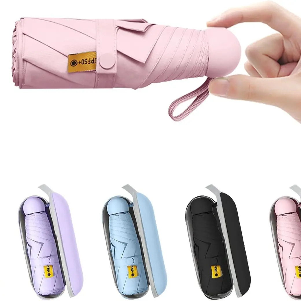 Travel Mini Umbrella for Purse With Case Small Compact UV Sun Protection Lightweight Tiny Pocket Manual Open Close Umbrella Portable Windproof Folding Cover for Women Kids and Men - Pink