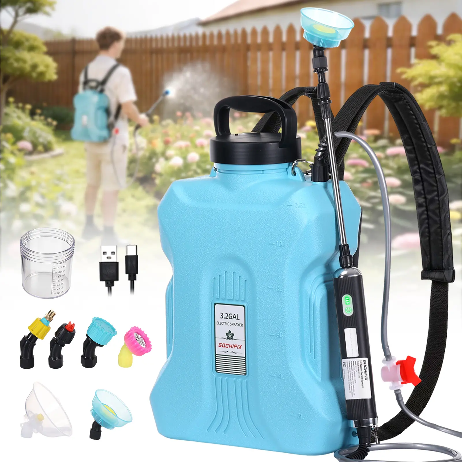 Backpack Garden Sprayer, 3.2 Gallon Battery Powered Weed Sprayer w/ 6 Spray Nozzles, Shut-Off Valve, Waterproof Rechargeable Handle w/Indicator, Telescopic Wand, Electric Auto Pump Plant Mister