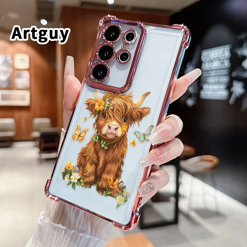 Compatible with Samsung Galaxy S23 Ultra S24 Plus S25 S22+ FE Edge Phone Case Flower - adorned Highland calf Pattern Transparent Full Coverage Four Corners Anti-drop Casing