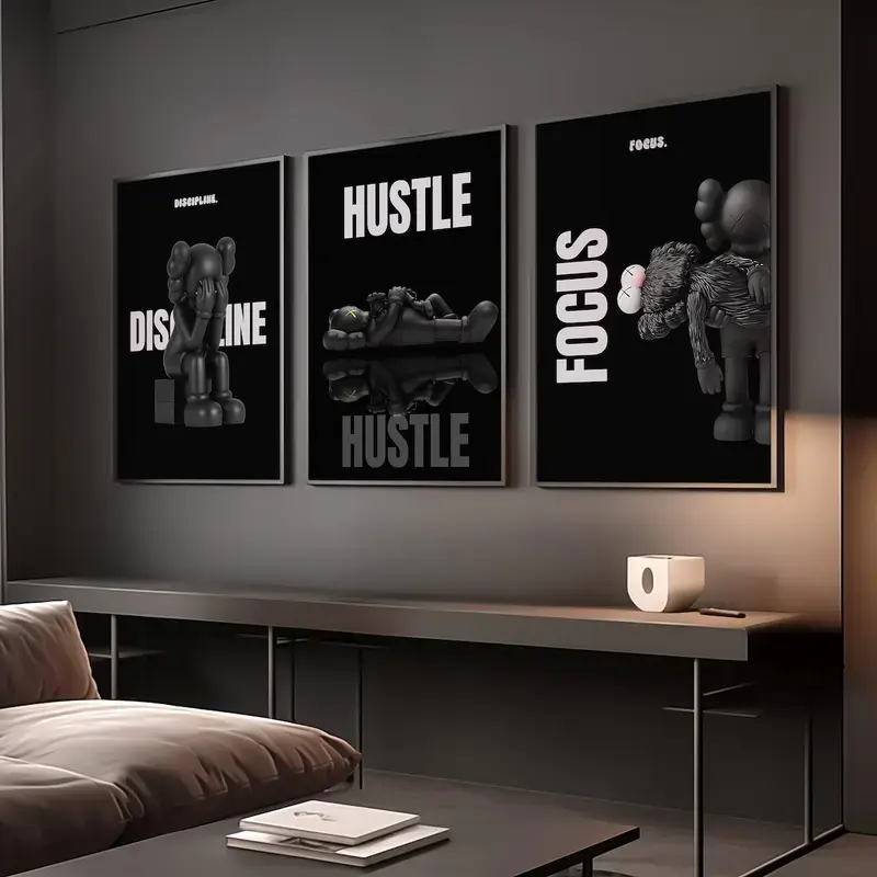 Set Of 3 Black Kaws Black Motivational Inspirational Quote Hypebeast Prints Poster Wall Art HD Print Unframed Aesthetic Room Home House Modern Wall Decor Trendy Gift.