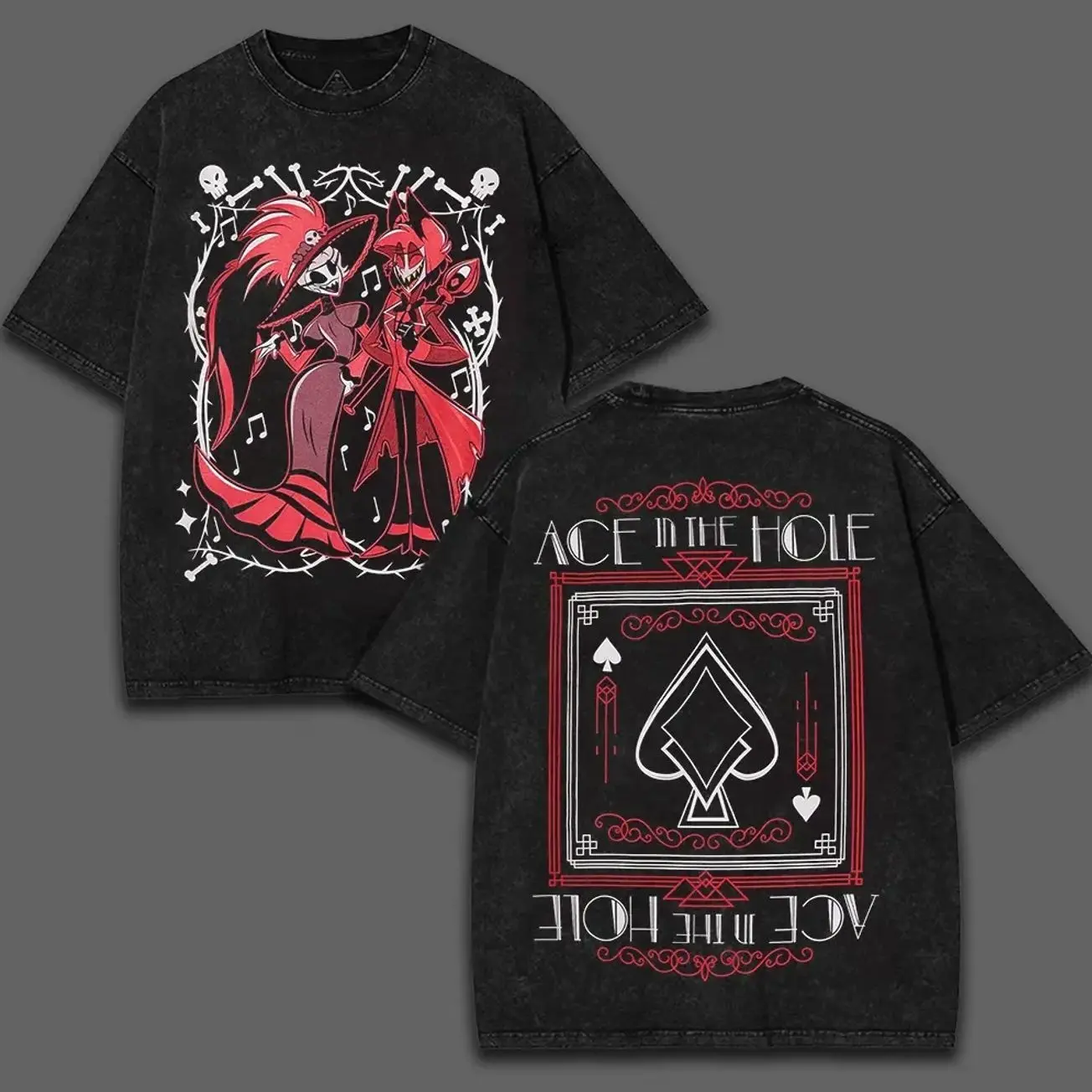 Hazbin Hotel Rosie & Alastor Ace Double-Sided T-Shirt, Back and Front Print, Superhero Fans | Great Gift For Fans graphic tee Cotton Fabric Top Womenswear streetwear lover NDE