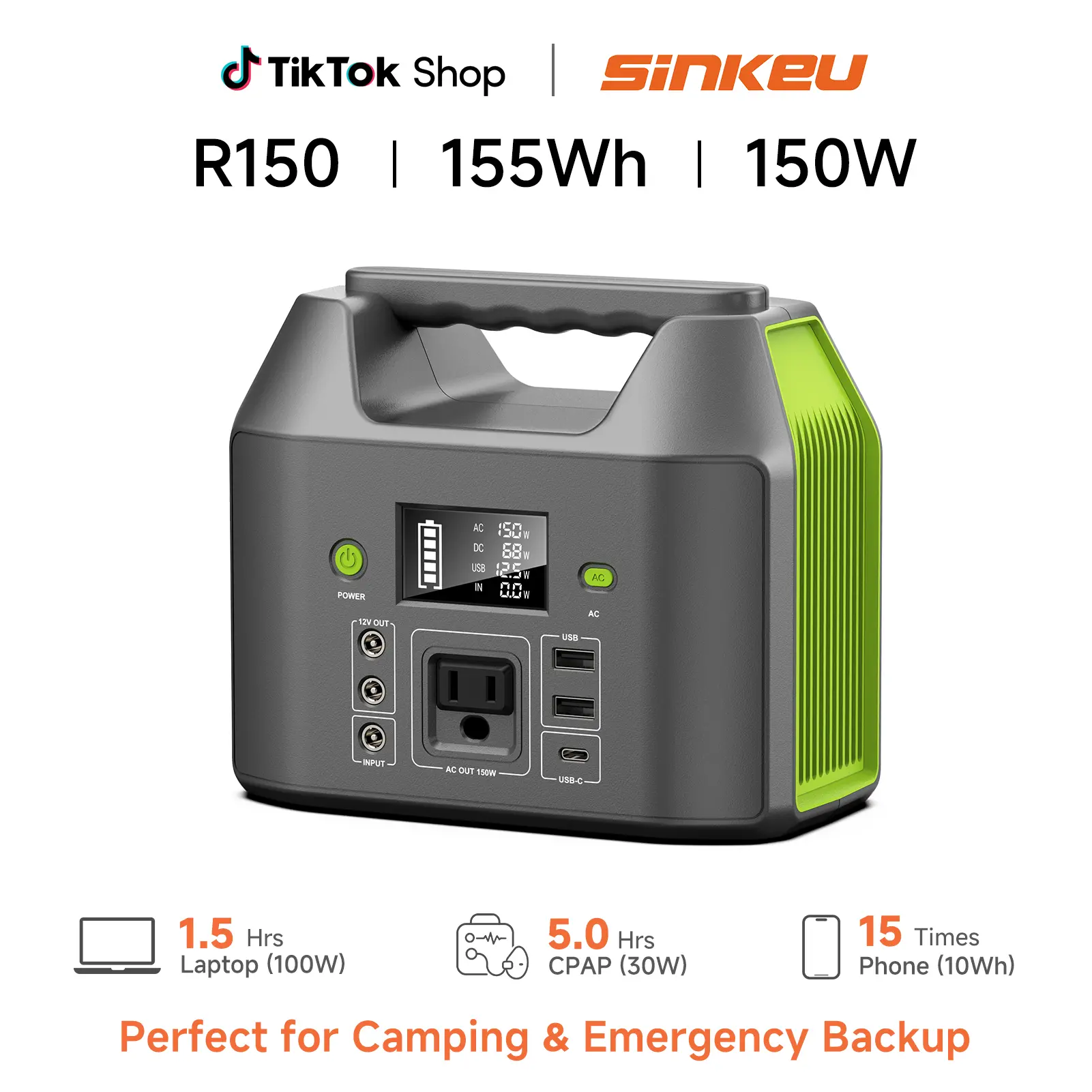 【sinkeu】150W Portable Power Station , 155Wh High Capacity Battery with 110V AC Outlet, 6 Outputs, LED Light, Portable/Emergency Supply for Camping, Home Backup, Blackout Ready Off-Grid Solutions, Portable Power Supply, Emergency Power Supply