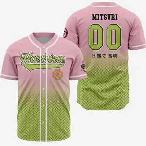 AniBase Club Mitsuri Kanroji Demon Slayer Baseball Jersey Anime All-Over Print 100% Polyester XS-5XL Unisex Fit V-Neck Button-Up Front Closure