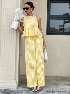 Women's Plaid Two-Piece Set, Spring Summer Fashionable Elegant Design, Round Neck Sleeveless Stylish for Women