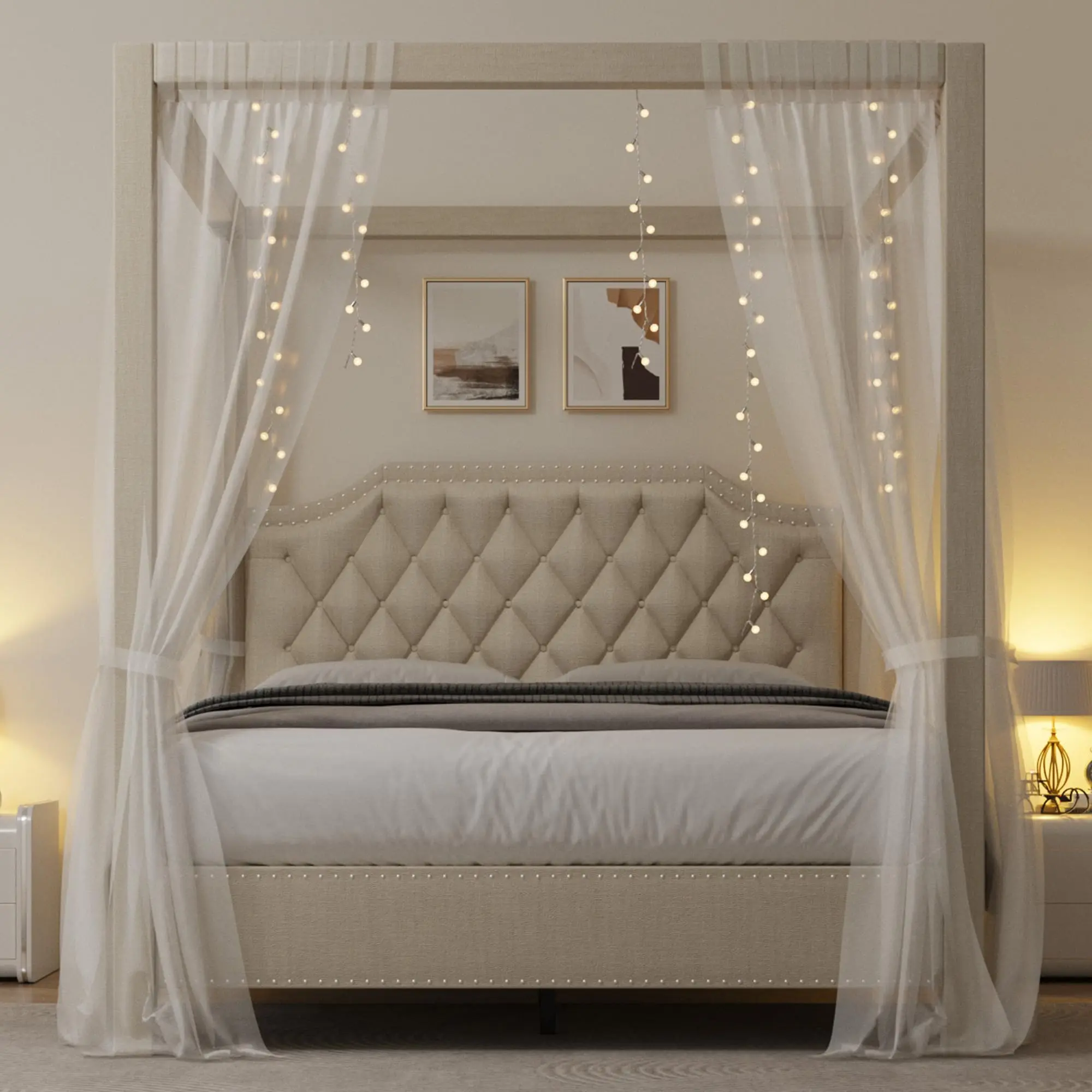 【GARVEE】Upholstered Canopy Bed Frame Queen Size with headboard, Button Tufted, Nailhead Trim Design, No Box Spring Required, Beige