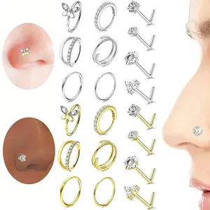 10pcs Fashion Women Stainless Steel Body Piercing Jewelry Set Sexy Butterfly Exquisite Shiny Cubic Synthetic Zirconia Nose Studs Chic Heart, Round Geometric Piercing Golden/ Silvery Nose Rings Studs Earrings Set Versatile Daily Wear & Party Jewelry