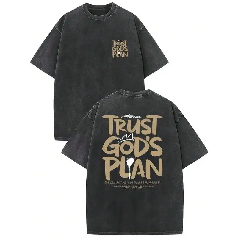 Trust God's Plan Vintage Acid Wash T-Shirt, Double-Sided Bible Quote Inspirational Graphic Tee, 230g Heavyweight Cotton Oversized Crewneck Streetwear, Casual Church Daily Top & Christian Faith Themed Unisex Gift