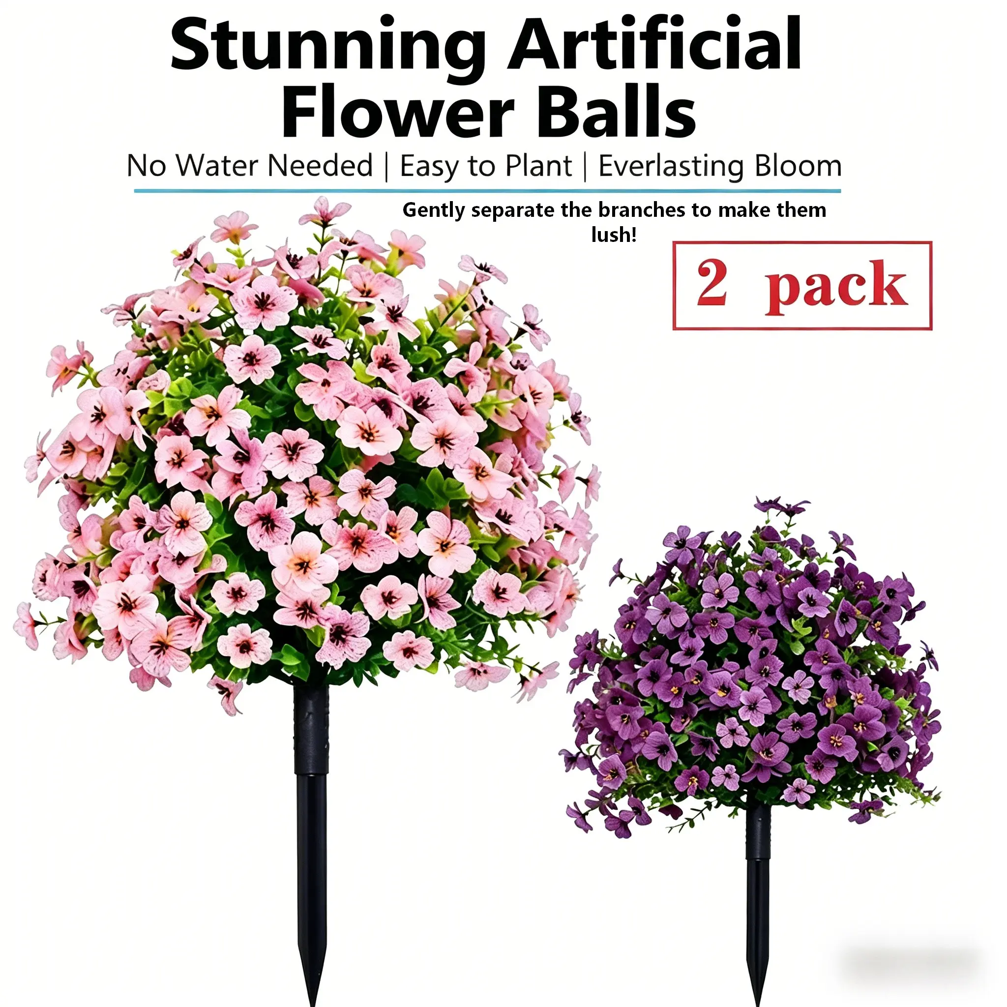 2Pcs UV Resistant Artificial Ground Stake Flowers, Realistic Fake Outdoor Flowers, Fake Plastic Flowers for Garden Patio Yard Porch Decor, No Fade Easy Install