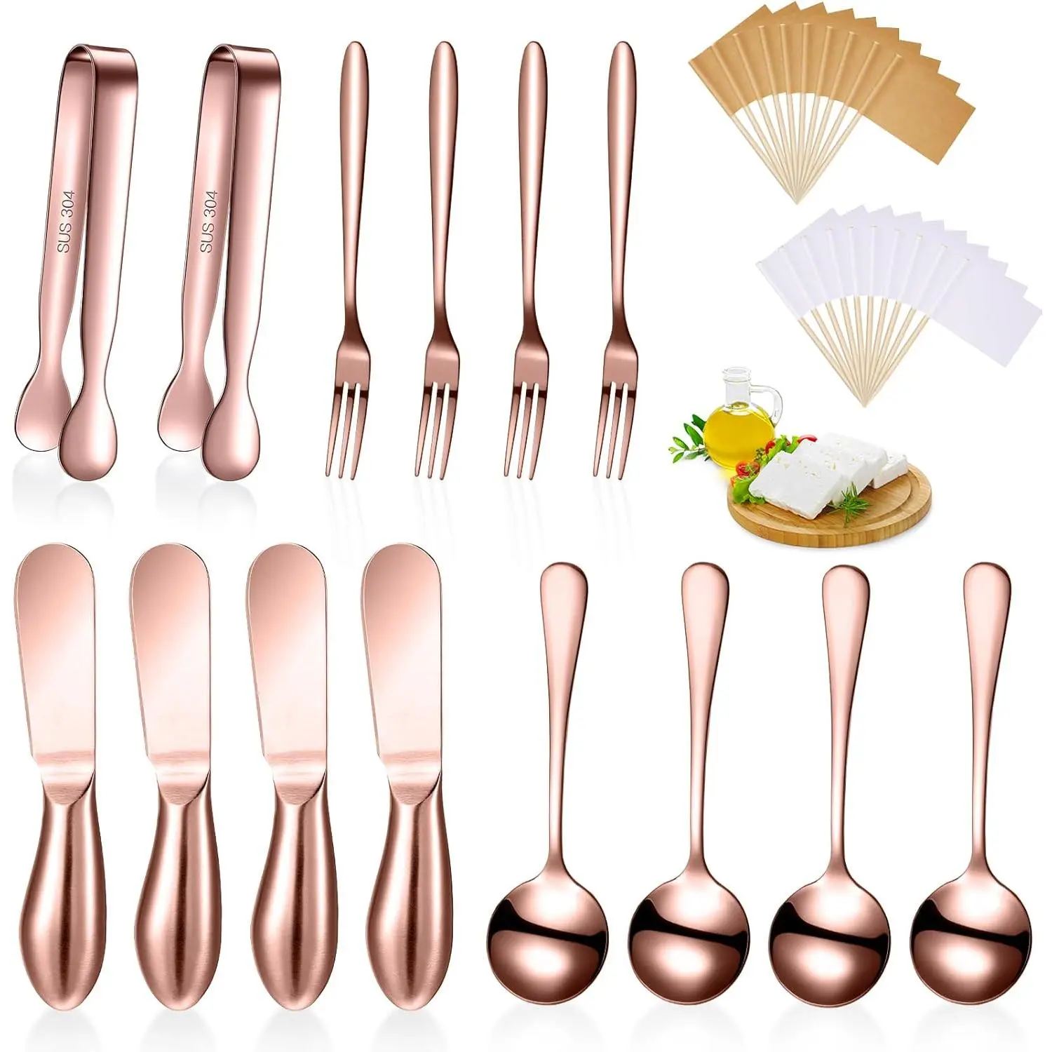 14 count Charcuterie Board Accessories Cheese Spreader  Set Stainless Steel Charcuterie Utensils Spreader  Mini Serving Tongs Spoons and Forks for Cheese and Pastry Making (Rose )